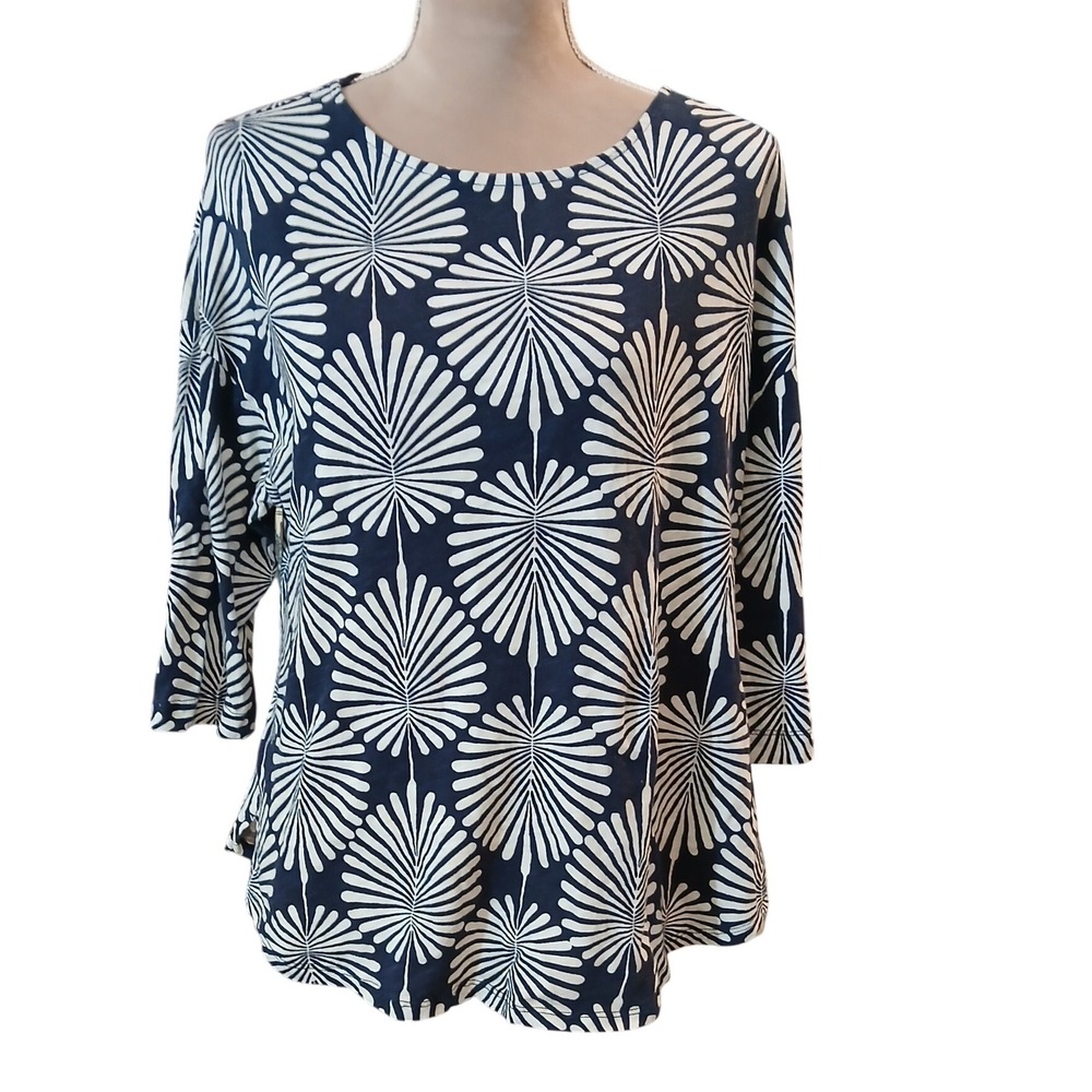 Joie Navy Blue White Fan Leaf Print 1/2 Sleeve Tunic Top Women's Cotton 1x